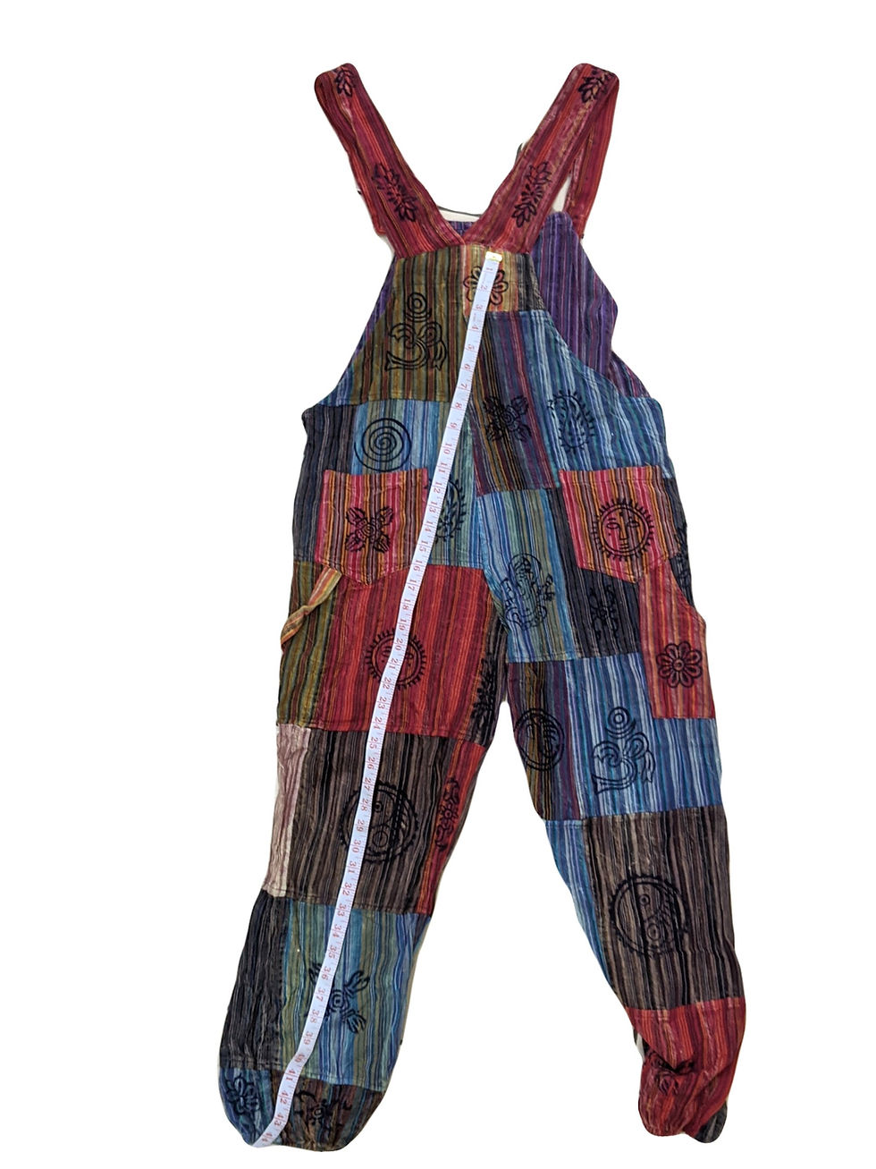 Thumbnail: Nepal Stripe Elastic Bottom Patch Blockprint Stonewash Dungarees