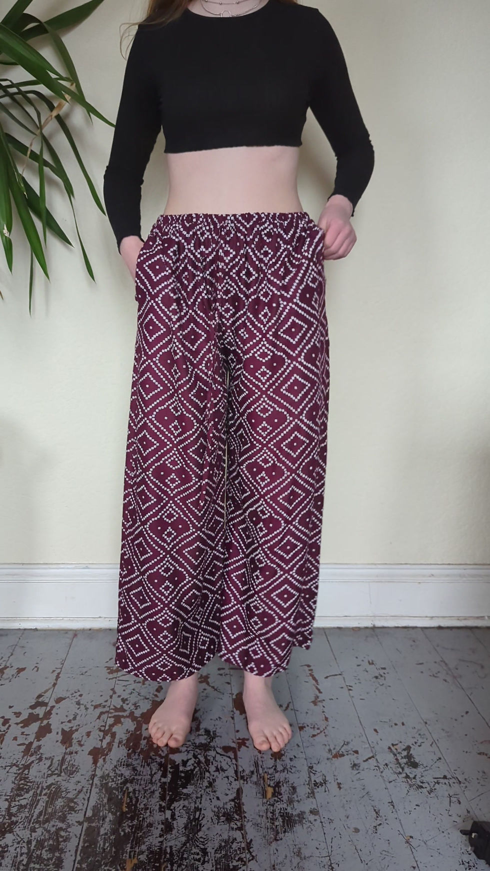 Thumbnail: Square Dot Print Palazzo Flared Rayon Trousers