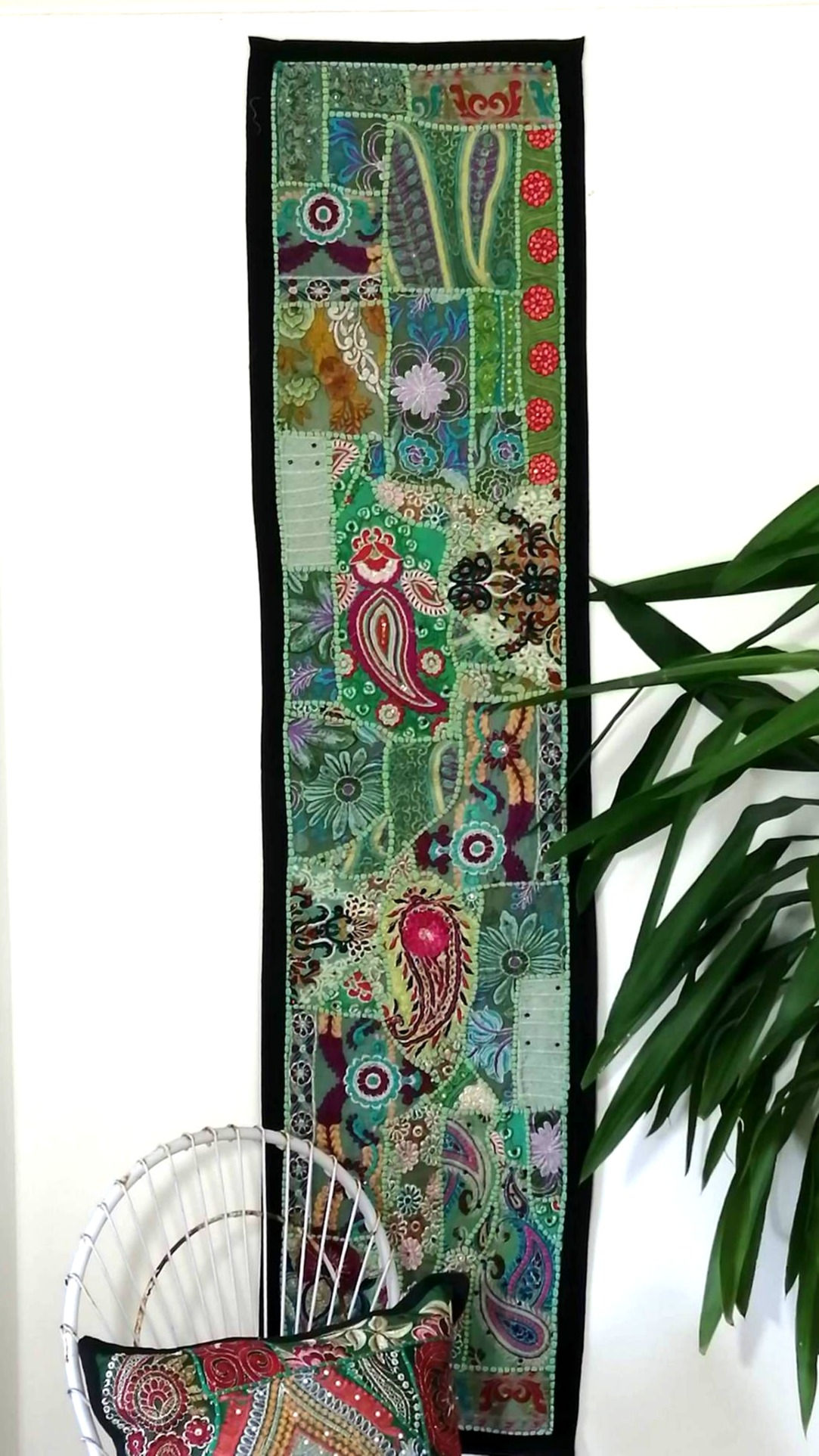 Runner Green Upcycled Patchwork Embroidery