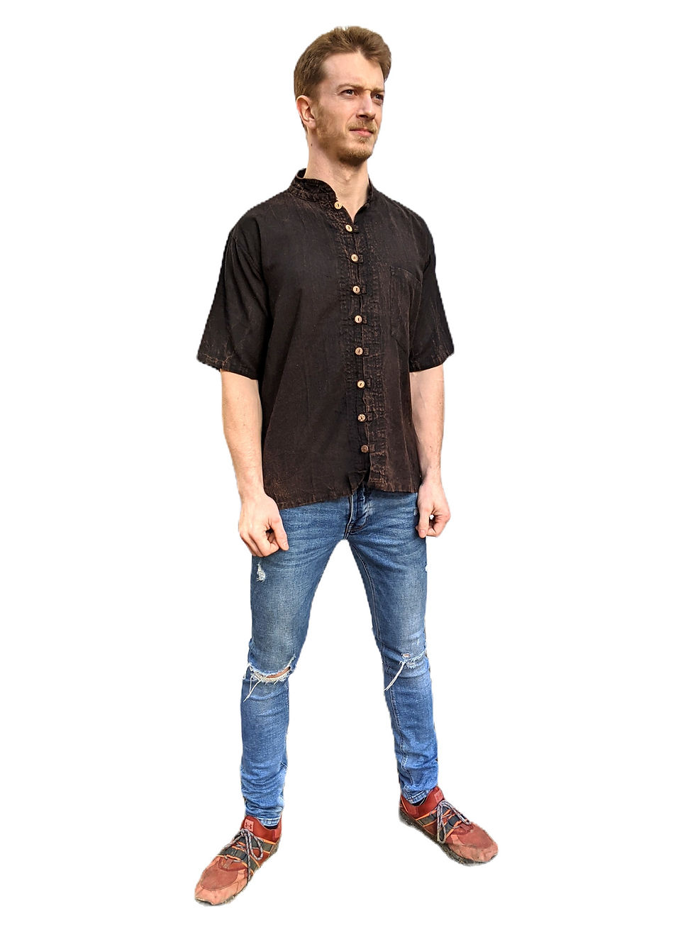 Thumbnail: Fair Trade Woven Soft Cotton Full Coconut Button Stonewashed S/S Shirt