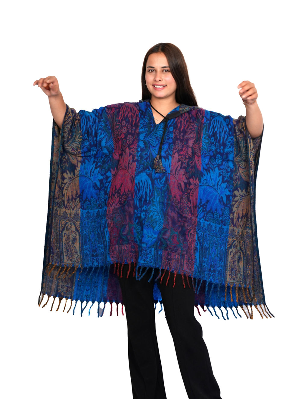 Thumbnail: Shawl 3D Design Poncho With Hood in 2 Colour Tones