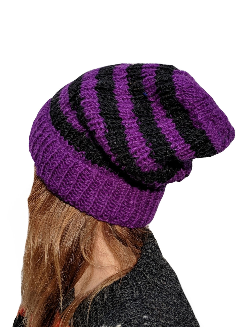 Thumbnail: Beanie Wool Hat Black and Purple. Fleece Lined.