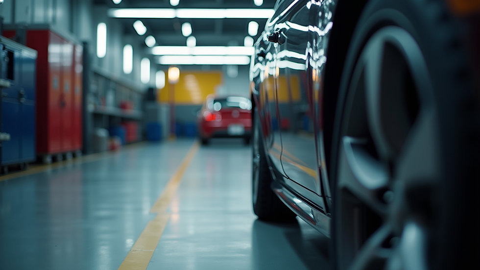 Eye-level view of a vehicle undergoing inspection in a garage