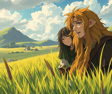 Anime scene grasslands as the background