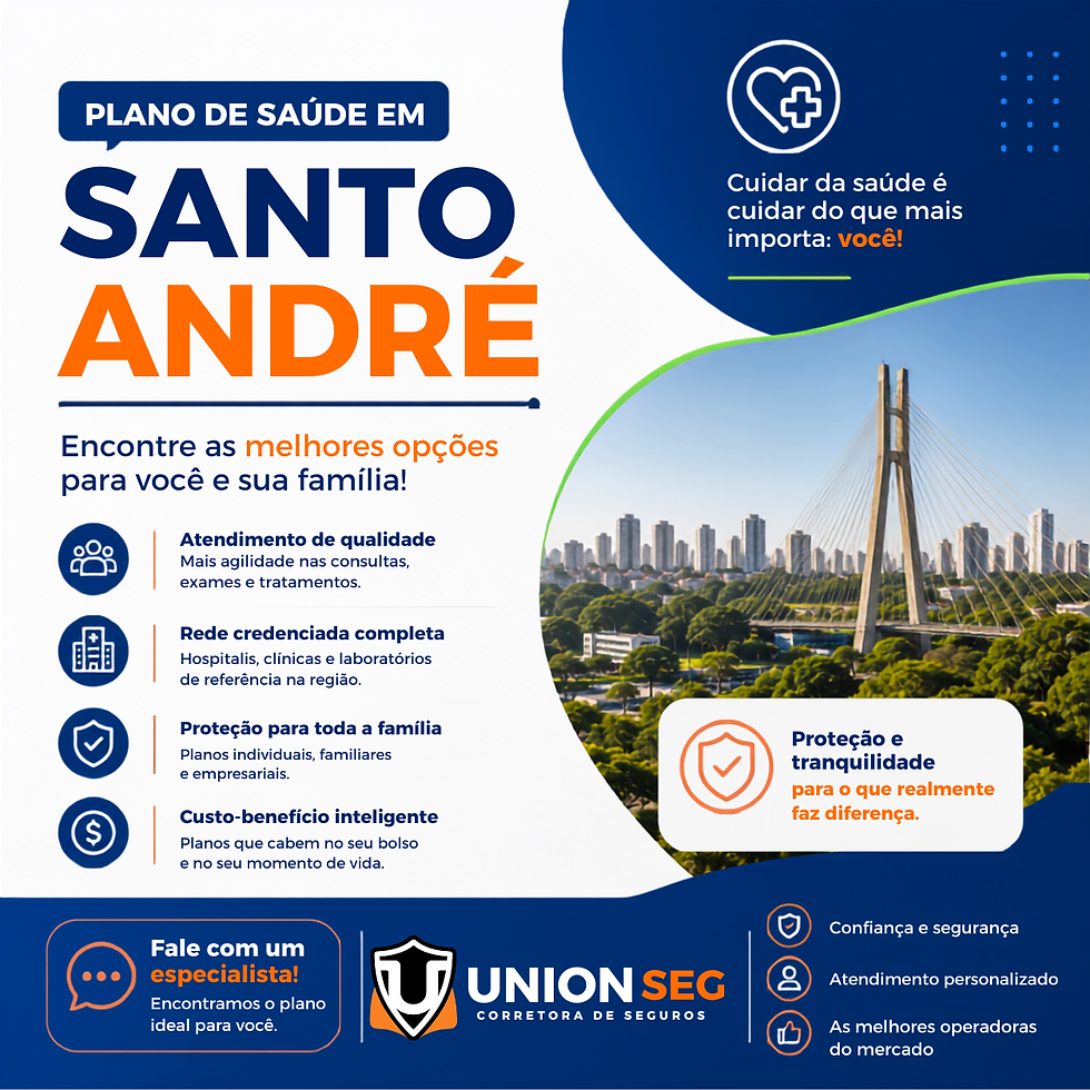 Anúncio de plano de saúde em Santo André, com skyline e ponte ao fundo, ícones de proteção e texto promocional.