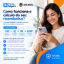 Banner da Porto Seguro e Unionseg com mulher sorrindo ao celular e texto sobre cálculo de reembolso em fundo azul e laranja.