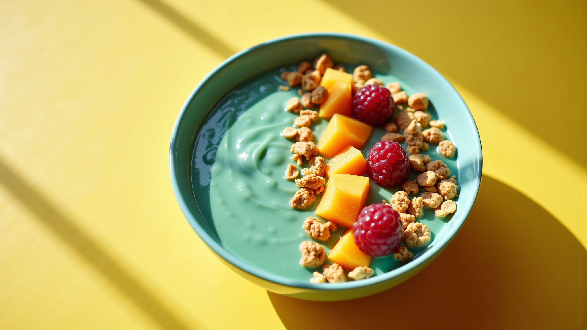 A bowl filled with blue yogurt, topped with granola, mango,and raspberries