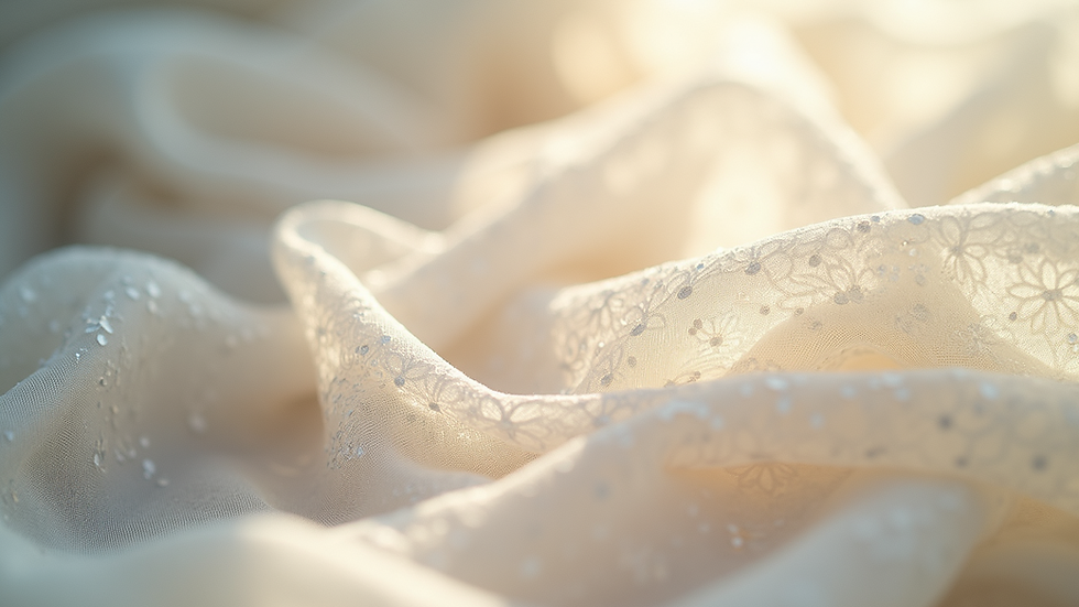 Close-up view of a light chiffon fabric with intricate patterns