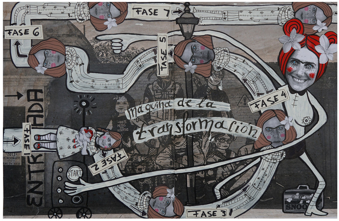 Black-and-white mixed-media collage by Jazmín Sasky, blending selfies and cityscapes from Vancouver and Oaxaca, depicting themes of inner play, freedom, and navigating personal roles as a woman.