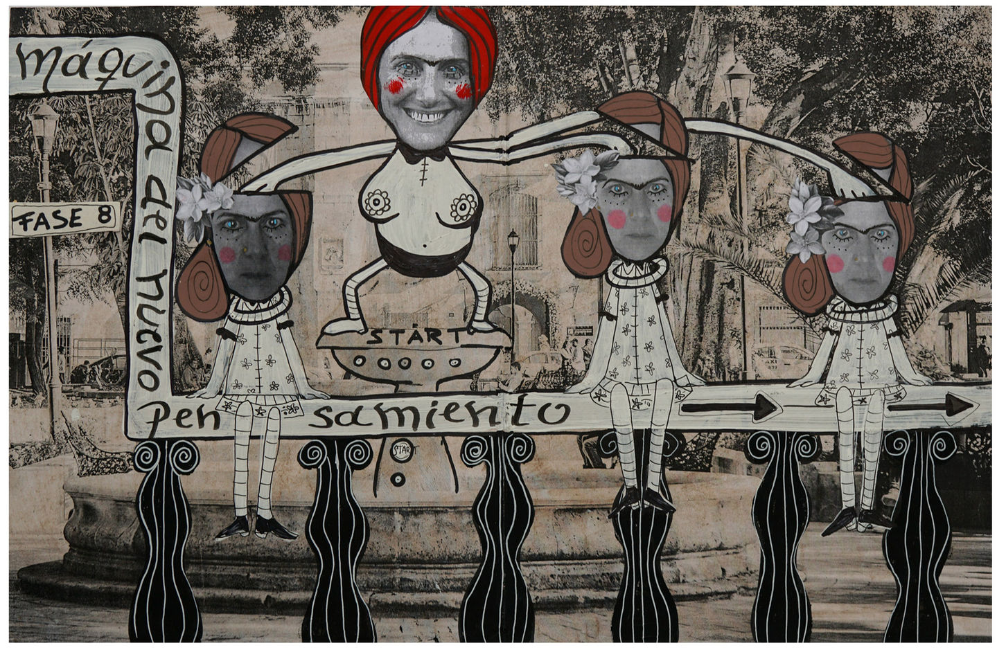 Intimate collage using selfies, photographs of Oaxaca and Vancouver, and symbolic imagery of a transformation machine, portraying self-discovery, personal growth, and reconnecting with the inner child.