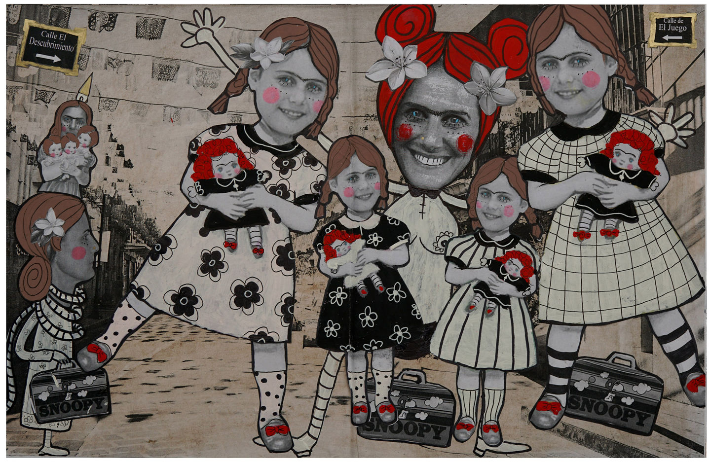Collage in black and white featuring a giant doll and layered images of Vancouver and Oaxaca, illustrating the artist’s exploration of womanhood, inner child connection, and personal transformation.
