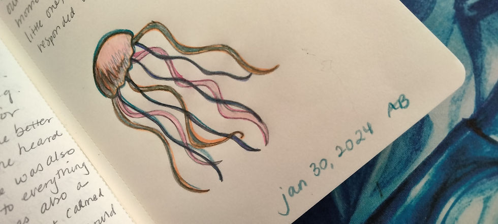 Colored pencil drawing of jellyfish swimming on a page with writing in a journal
