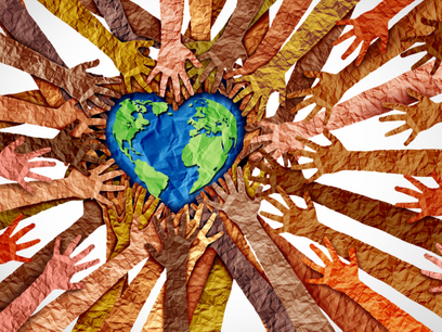 paper hands and arms in various colors reaching toward a heart-shaped earth