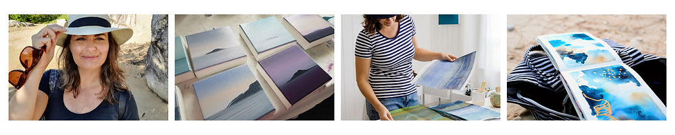 1. Nicola Newman in a sun hat on the beach. 2. Canvas paintings of ocean landscapes laid out on a table. 3. Torso shot of artist sorting through paintings. 4. Beautiful watercolor book laid open on a blue and white striped beach bag on the sand.