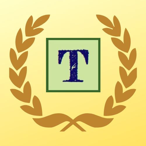 Tadpole Press logo on a yellow background with a gold laurel wreath around a green square containing a blue capital T.