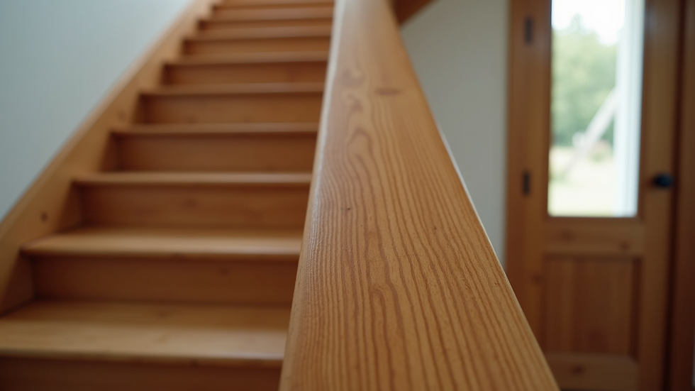 Eye-level view of a beautifully finished wooden staircase railing in a PEI home