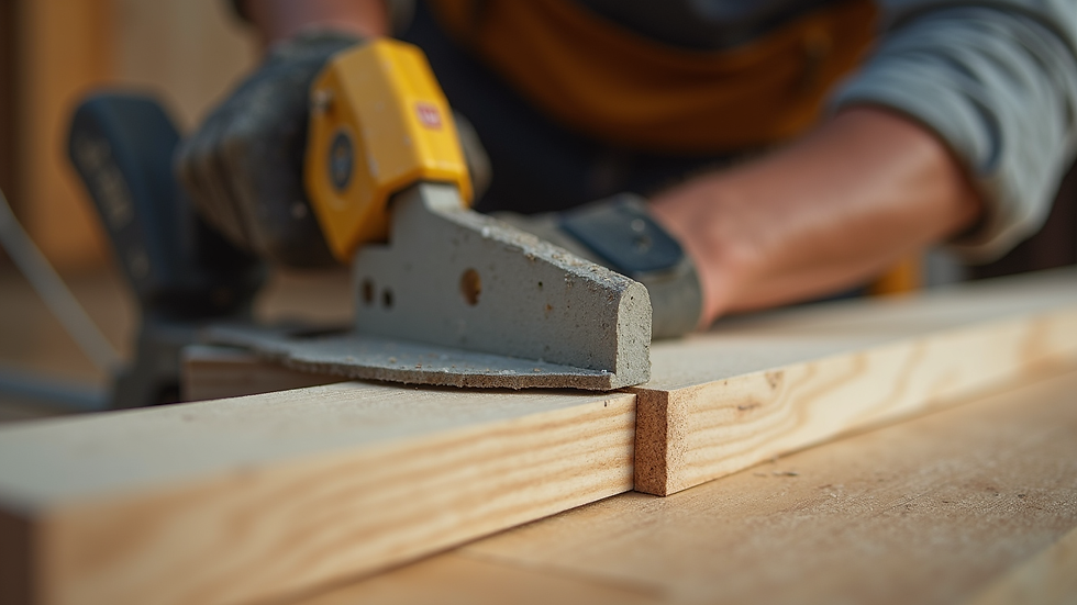 Close-up view of a carpenter using a miter saw to cut wooden trim