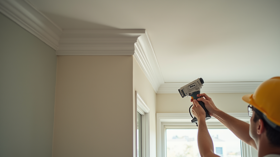 Eye-level view of a carpenter installing crown moulding in a living room