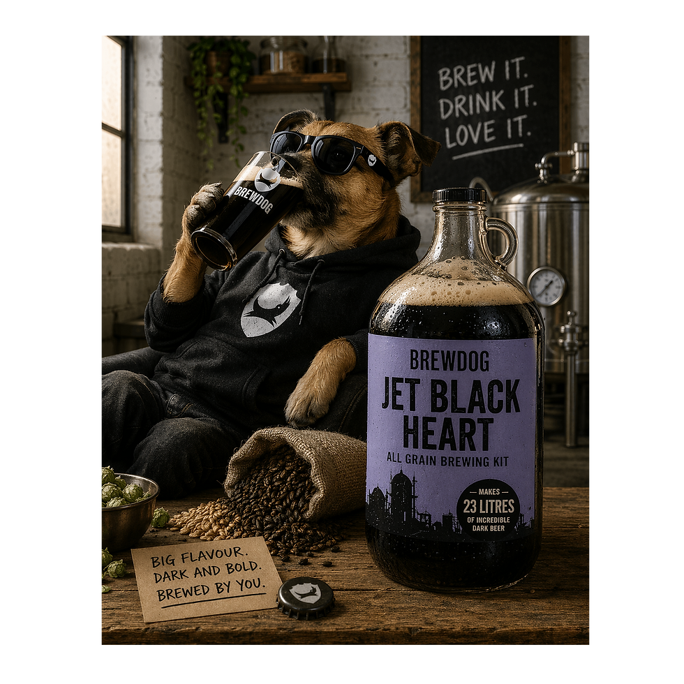 Thumbnail: Brewdog Jet Black Heart Tribute. All Grain Kit. A chilled brewdog having a beer he's made himself.