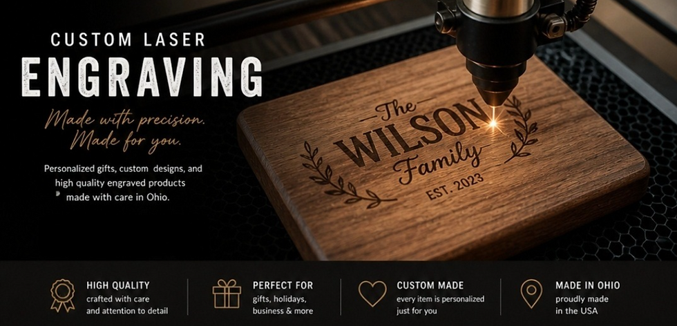 Wide landscape hero image showing a laser engraving machine etching 'The Wilson Family' on a wooden board, with dark background and gold highlight accents, suitable as a full-width hero banner for a laser engraving business.
