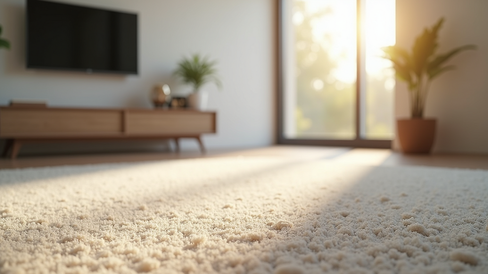 Close-up view of a spacious living room with minimal carpet installation