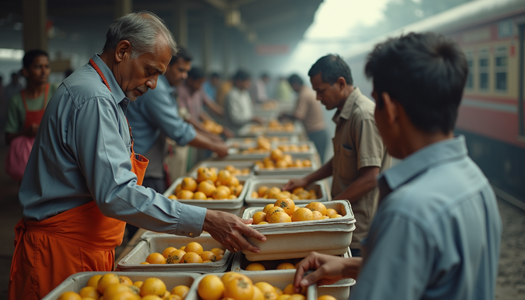 High angle view of lunchboxes being sorted on a railway platform by dabbawalas in Mumbai