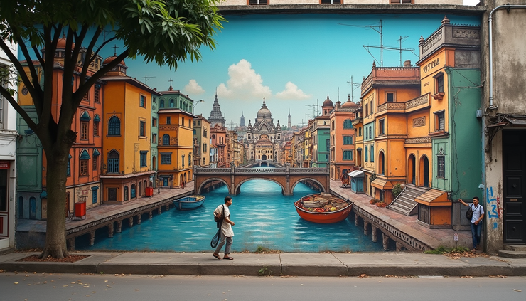 High angle view of a large mural in Bandra showing a mix of traditional and modern Mumbai elements