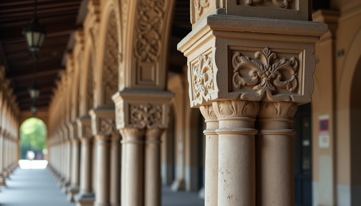 Close-up view of detailed stone carvings on a historic Mumbai railway station facade