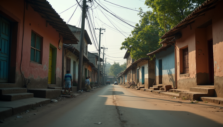 Eye-level view of an old village street in Mumbai with traditional houses and narrow lanes