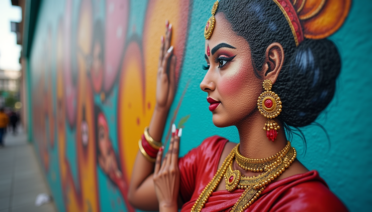 Close-up view of a detailed street art piece in Mumbai showing a traditional dancer
