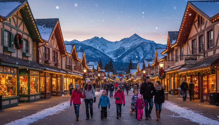 Wide-angle view of a snowy Bavarian-style village street glowing with Christmas lights.
