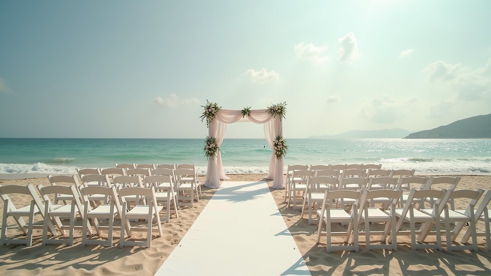 Wide angle view of a serene beach setting for a wedding ceremony
