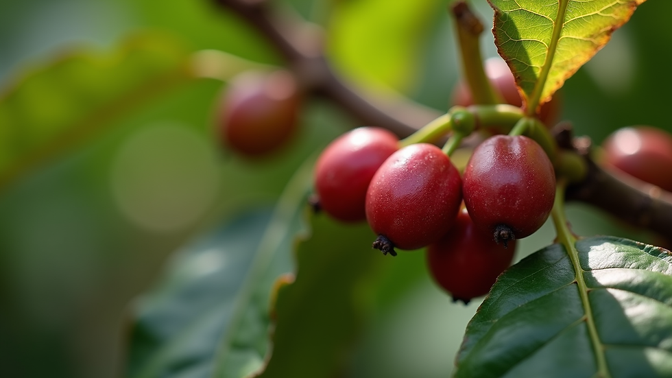 Close-up view of ripe coffee cherries on a shaded coffee plant