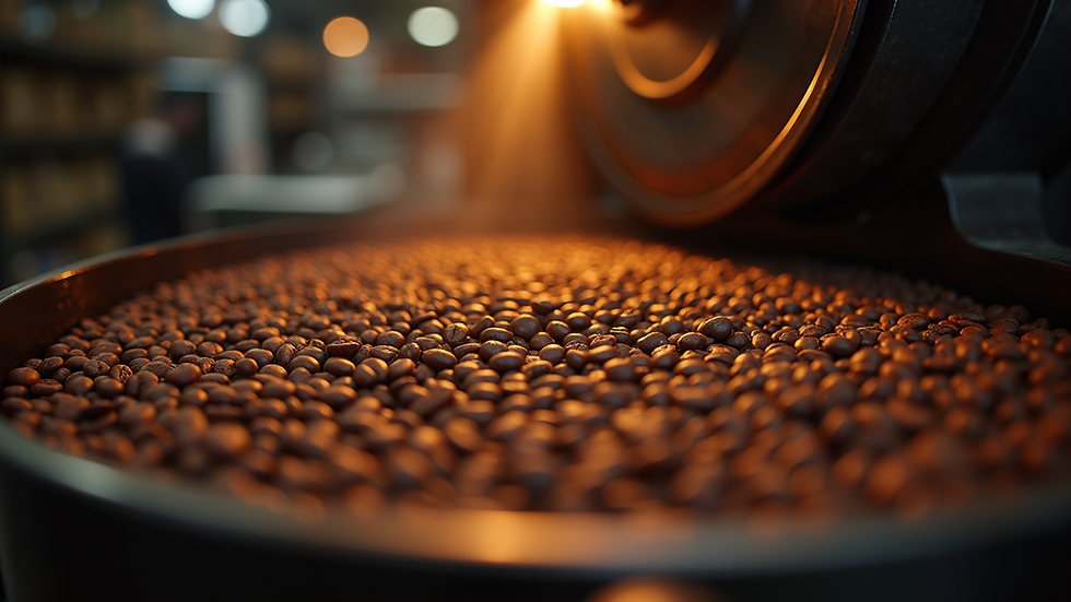 Eye-level view of coffee beans being roasted in a small batch roaster
