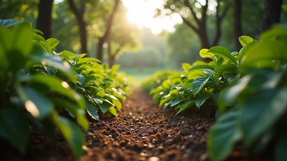 Eye-level view of coffee plants growing under shade trees