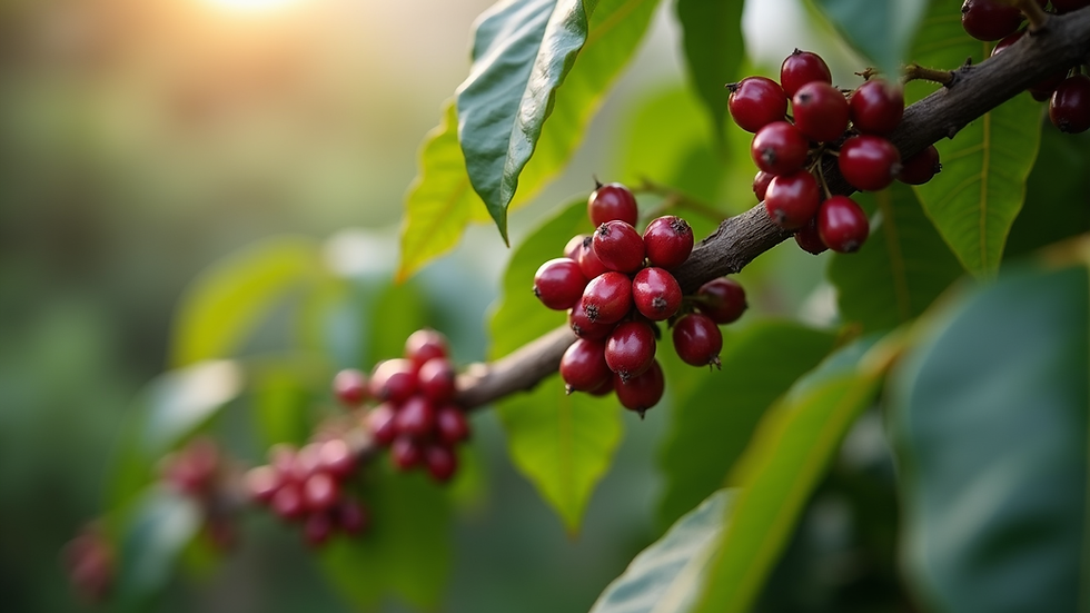 Close-up of coffee cherries growing among shade trees in an agroforestry system