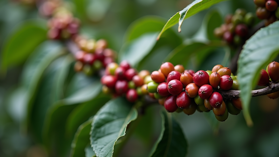 Close-up view of a coffee branch with ripe coffee cherries surrounded by green leaves