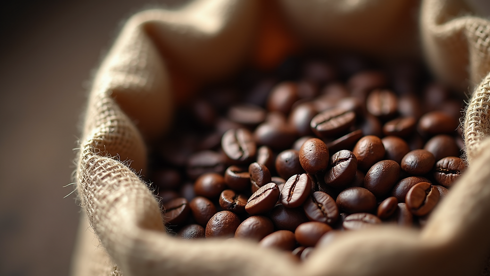 Close-up view of roasted coffee beans in a burlap sack
