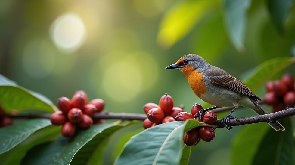 Close-up view of a bird perched on a coffee branch