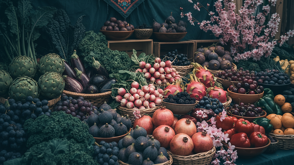 Close-up view of fresh fruits and vegetables neatly arranged in a market stall