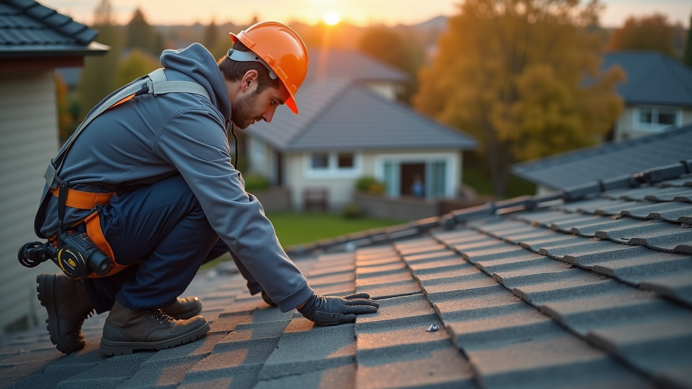 High angle view of a roofing contractor inspecting a residential roof