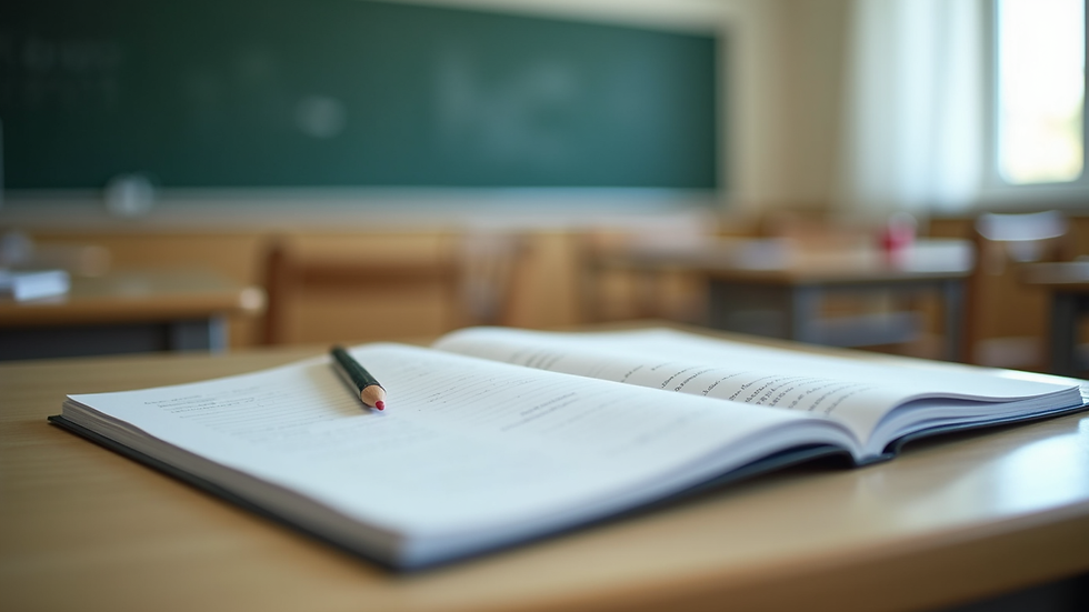 Close-up view of a classroom with educational materials on a desk