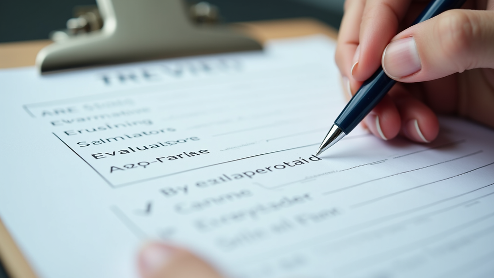 Close-up view of a clipboard with evaluation forms and a pen