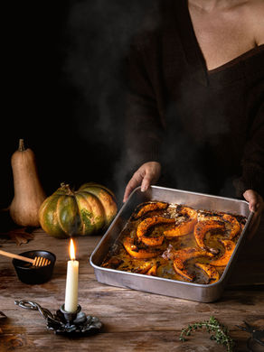 Abóbora assada com agave, alho e ervas