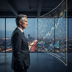 Advisor strategico analizza dati finanziari complessi e reti su schermi ad alta tecnologia in un ufficio moderno, simbolo della regia operativa.