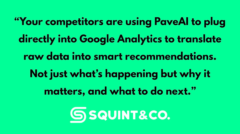 Green background with black text: "Your competitors...data into smart recommendations...what to do next." Logo: Squint & Co.