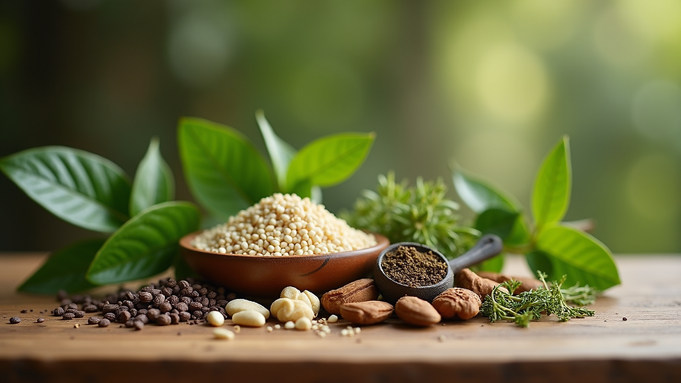 Close-up view of herbal Ayurvedic ingredients on a wooden table