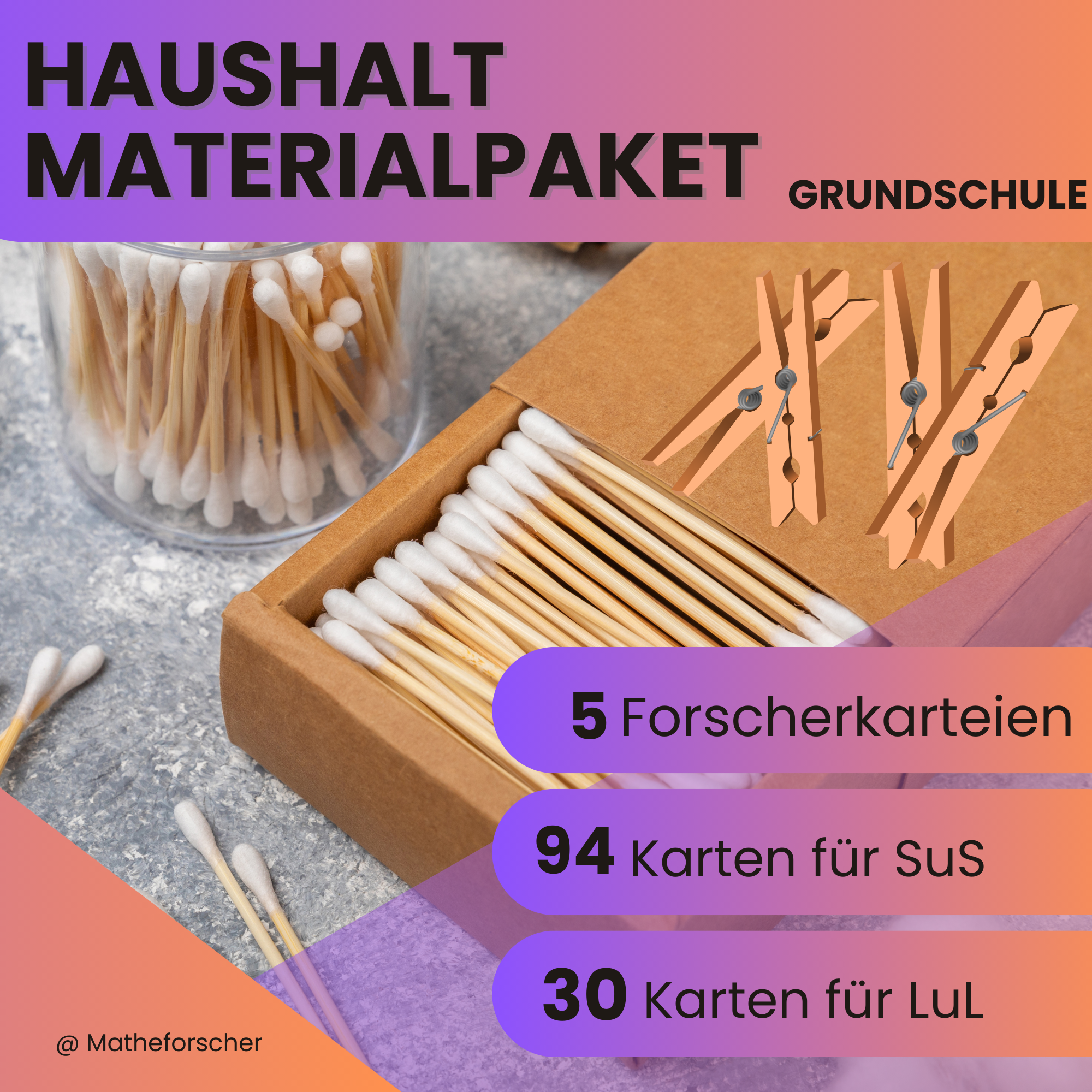 Materialpaket: Wäscheklammern, Q-Tips, Münzen, Becher, Gummiringe - Grundschule