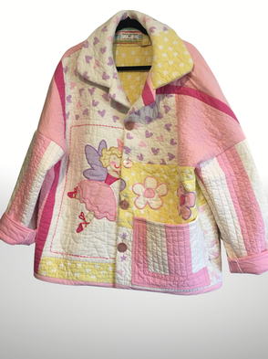 Handmade patchwork jacket in pink, cream, and yellow, featuring heart prints, a ballerina fairy illustration, a striped pocket, and a wide collar.