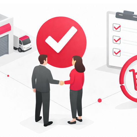 Isometrische Illustration zum Thema IT-Sicherheitsprüfung im Handelssektor: Zwei Personen geben sich die Hand vor einem großen roten Häkchen als Symbol für erfolgreiche Prüfung. Daneben sind ein Lagergebäude mit Paketen, Lieferfahrzeuge, eine Checkliste sowie ein Einkaufswagen-Symbol dargestellt.